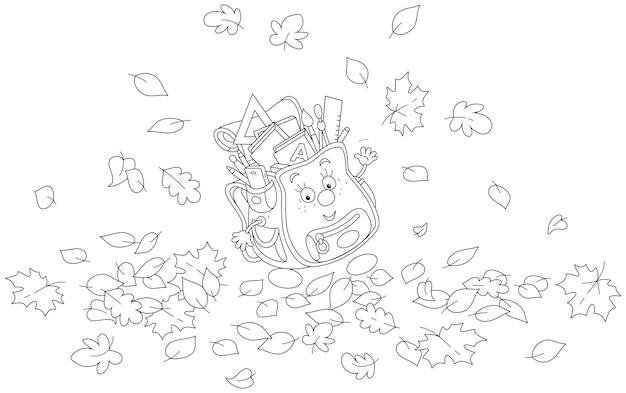 Вектор Карикатурные персонажи школьная сумка среди осенних листьев, размахивающая приветствием перед началом занятий