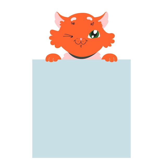 Cartoony ginger cat holding plain card.