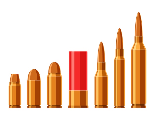 Cartridges set. A collection of bullets isolated on white background. Weapon ammo types and size in flat style.