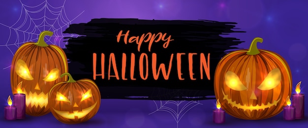 Carved halloween pumpkins, horizontal banner. colorful scary halloween illustration.