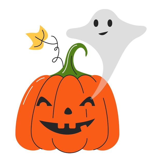 Carving evil smiling pumpkin Halloween spooky character Jack lantern and flying phantom silhouette