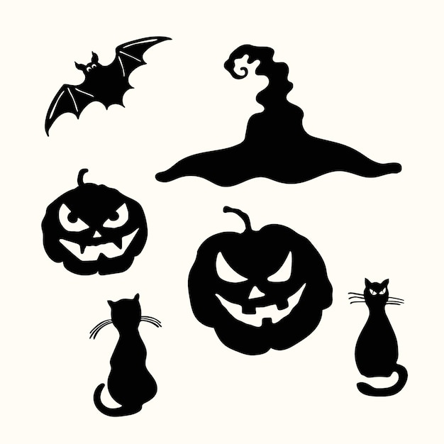 Vettore lanterna di zucca intagliata, gatto nero, cappello da strega e pipistrello stencil di halloween isolato su bianco