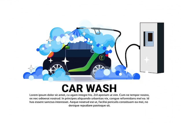 Carwashenservice banner met reinigingsvoertuig