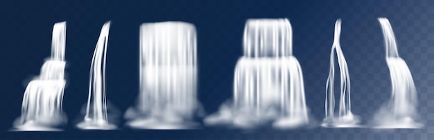 Каскадный водопад. Реалистичные 3D падающие горные потоки с туманом, поток воды с вкраплениями. Вектор природные водопады, изолированные на прозрачном фоне для декоративных пейзажей