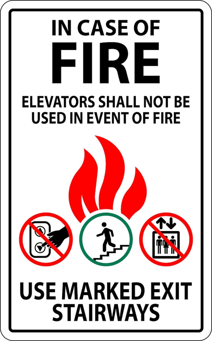 Vector in case of fire sign elevators shall not be used in event of fire use marked exit stairways
