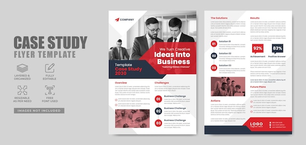 Case study flyer template for corporate business project with company logo and icon