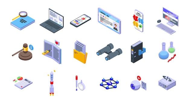 Case study icons set isometric vector proposal platform tutorial study