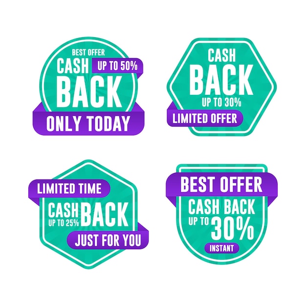 Vettore collezione di design di colore verde viola per la promozione dell'etichetta del badge di cash back