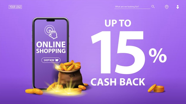 Banner di cash back con borsa di monete d'oro, smartphone e ampia offerta su sfondo viola