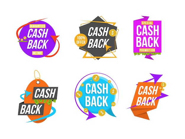 Cash back, set di lettere colorate. raccolta di banner cashback. super vendita, frasi best seller, shopping, vendita al dettaglio, annuncio. badge pubblicitari per la tua attività.