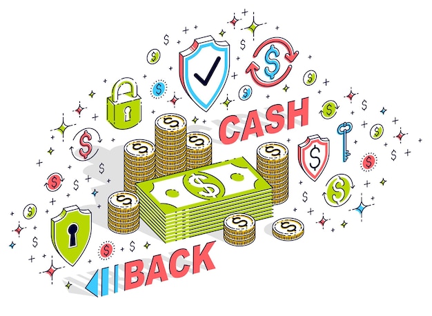 Concetto di cash back, pile di dollari di denaro contante e pile di centesimi con lettere isolate su bianco. illustrazione isometrica di finanza e affari di vettore 3d con icone, grafici di statistiche ed elementi di design.