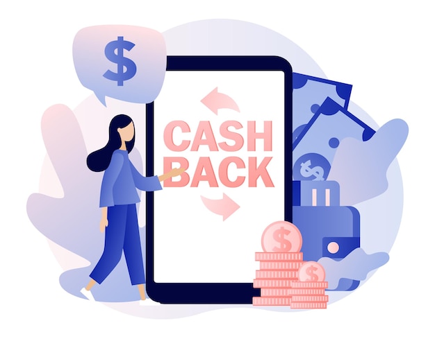 Cash back concept Tiny girl refund money in app Reward program transfer money online banking