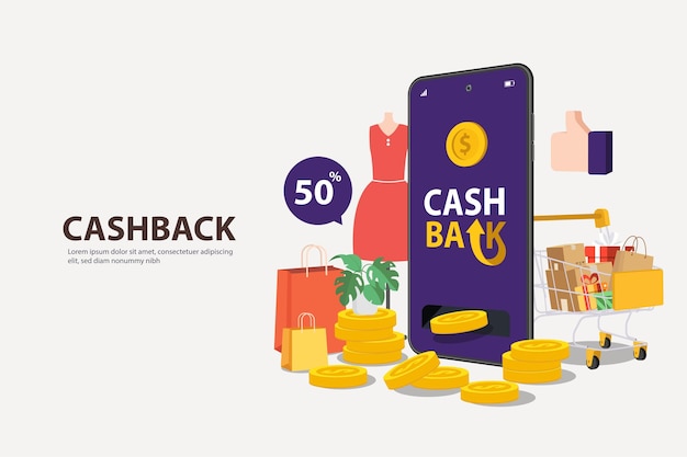 Cash back finance banner Refund Gold coins illustration with smartphone on purple background