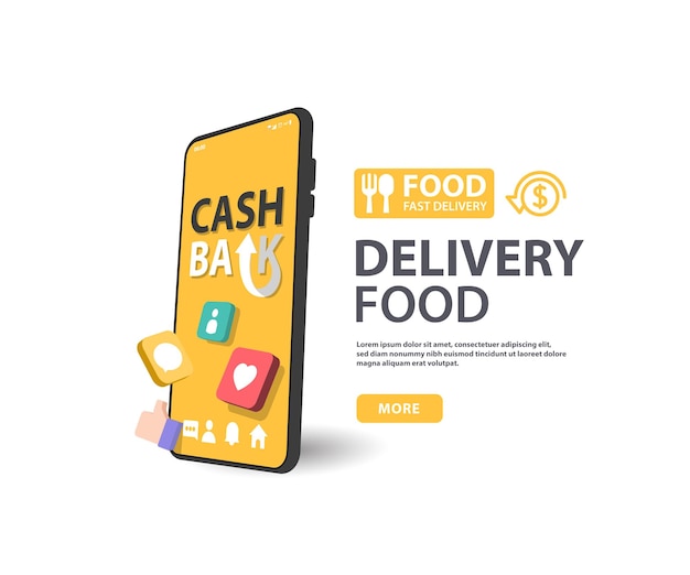 Cash back Food Order food delivery on app 3d vector illustration