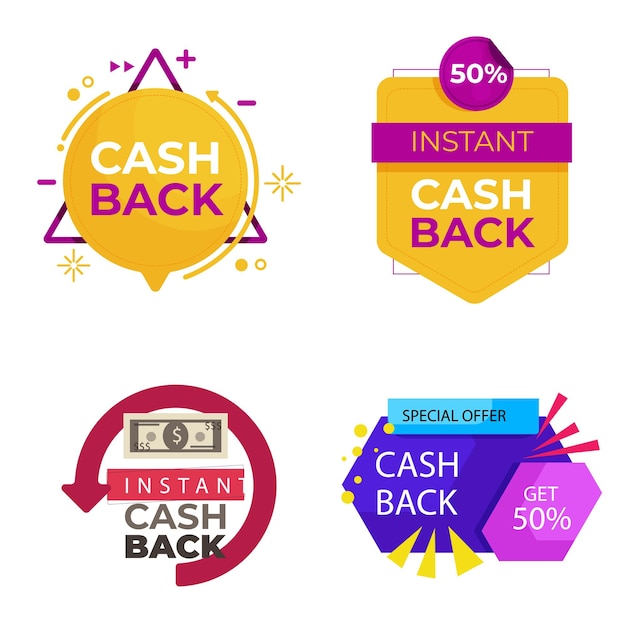 Cash back icons set Colorful cashback banner collection Money refund signs Return of money from p