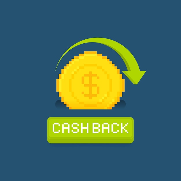 Дизайн логотипа Cash Back Пиксельная монета с стрелками и кнопкой возмещения Финансовые услуги