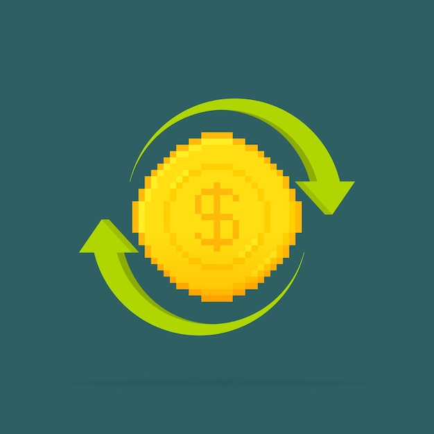 Cash back logo ontwerp Pixel art munt met terugbetaling pijlen Financiële diensten cash back