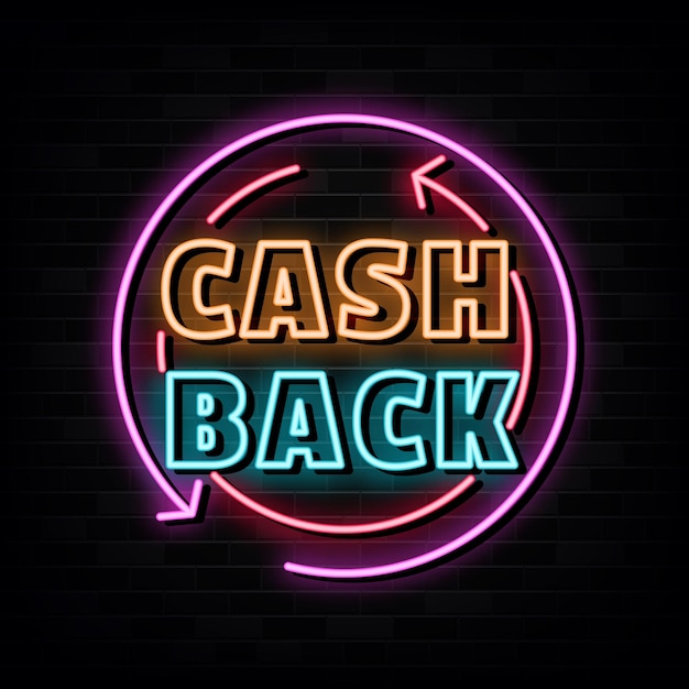 Cash back insegne al neon modello disegno vettoriale stile neon