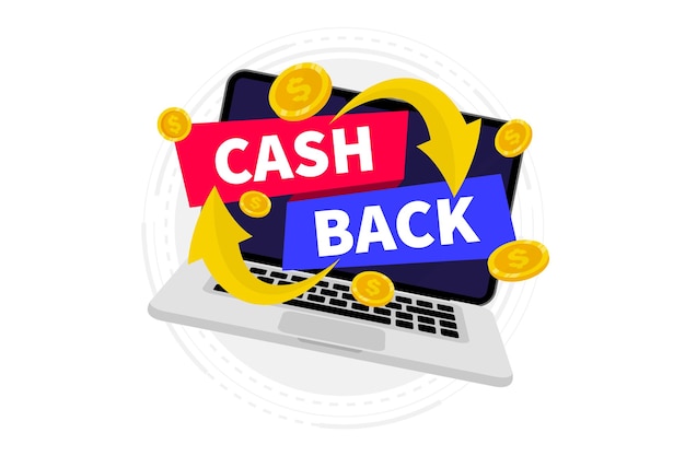 キャッシュ バック サービスお金払い戻しベクトル アイコン ノート パソコンの画面にオンライン キャッシュ バックお金経済サービス ショッピング パートナー プログラム