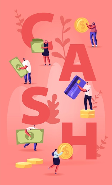 Cash concept. tiny people with huge golden coins, bills and credit cards. cartoon flat illustration