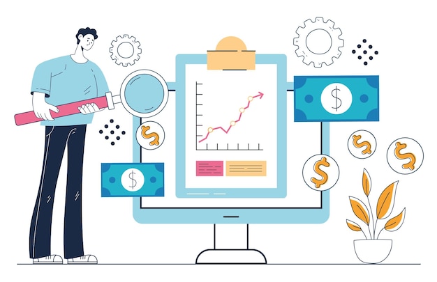 Cash flow management financieel succes zoeken strategie concept grafisch ontwerp cartoon