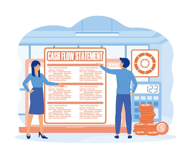 Vector cash flow statement businesswoman and businessman checking cash flow statement on laptop together flat vector modern illustration