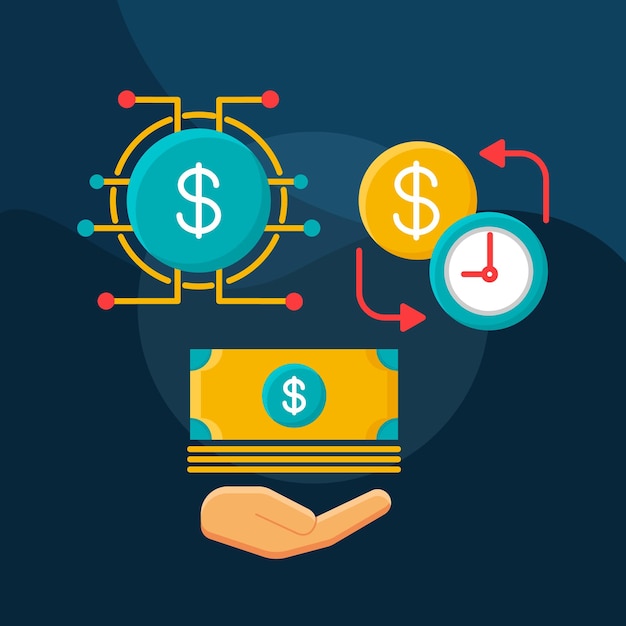 cash management flat concept vector icon. investment idea cartoon color illustrations set. time is money. banking. currency exchange. funding. credit, deposit, finance. isolated graphic design element
