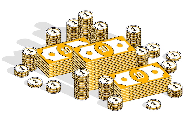 Cash money banknites stacks and coins piles isolated on white background. Vector 3d isometric business and finance illustration, thin line design.