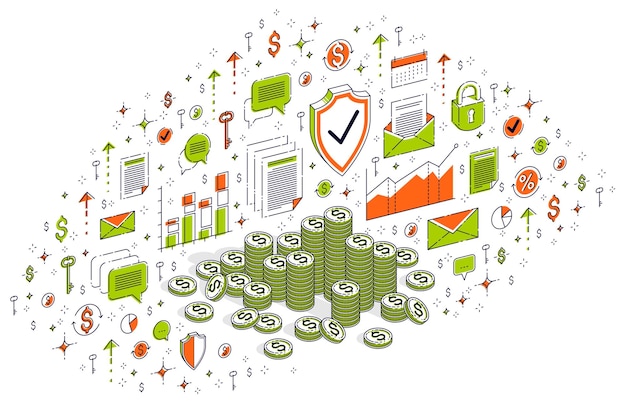 현금 돈 동전 센트 스택 흰색 배경에 고립. 아이콘, 통계 차트 및 디자인 요소가 있는 3d 벡터 비즈니스 및 금융 아이소메트릭 그림.