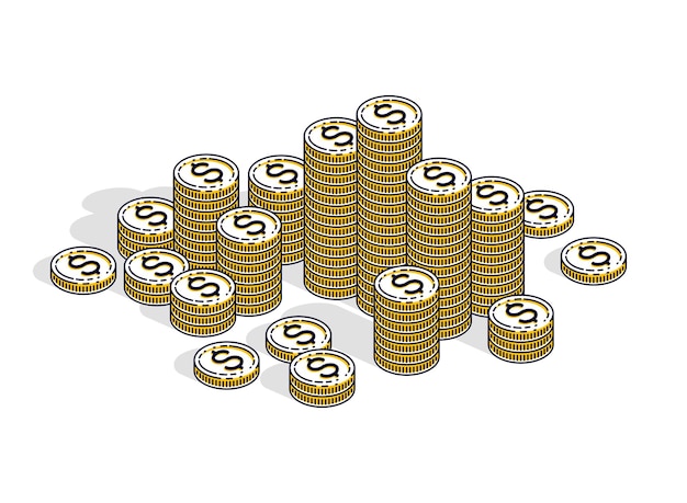 Стеки центов наличных денег изолированы на белом фоне. векторная 3d изометрическая иллюстрация бизнеса и финансов, дизайн тонкой линии.
