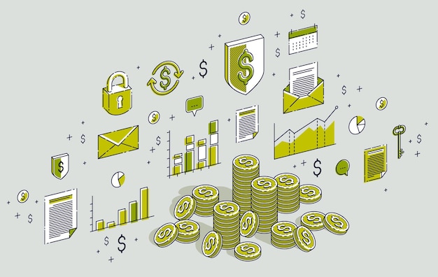 Cash money coin cent stacks isolated on white background. 3d vector business and finance isometric illustration with icons, stats charts and design elements.