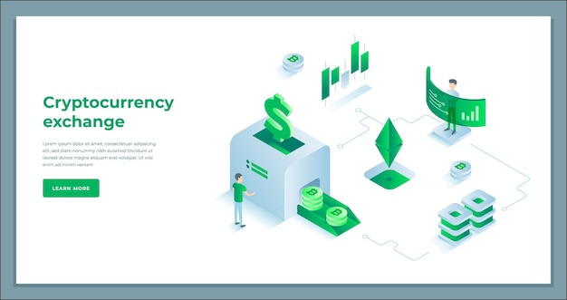 Cash money coin cryptocurrency exchange bitcoin mining cyberspace digital technology isometric landing page vector illustration Virtual currency banking transaction process nalyzing internet banner