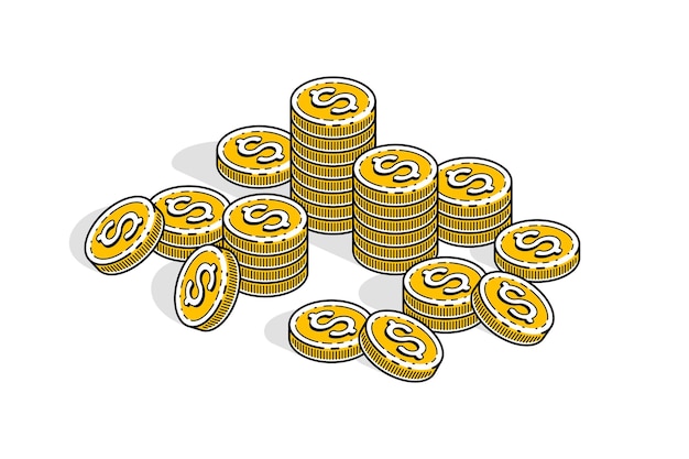 Vector cash money coin stacks isolated on white background. vector 3d isometric business and finance illustration, thin line design.