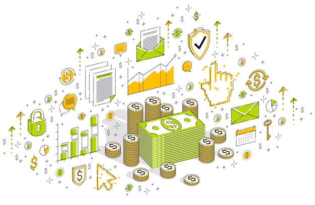 Cash money dollar stacks and coins cents piles isolated on white background. Isometric 3d vector finance and business illustration with icons, stats charts and design elements.