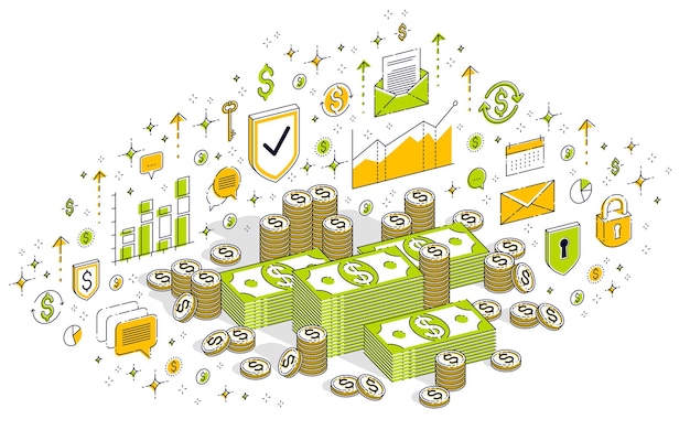 Cash money dollar stacks and coins cents piles isolated on white background. Isometric 3d vector finance and business illustration with icons, stats charts and design elements.