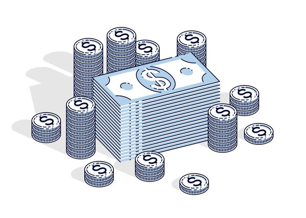 Cash money dollar stacks and coins cents piles isolated on white background. Vector 3d isometric business and finance illustration, thin line design.