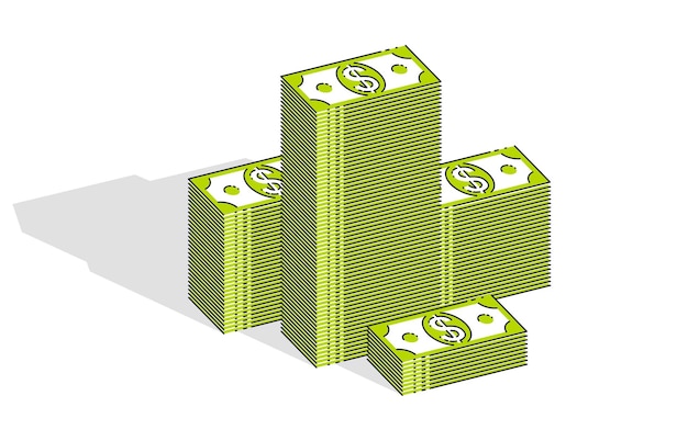 Pile di denaro contante dollaro isolate su sfondo bianco. illustrazione isometrica 3d di affari e finanza vettoriale, design a linea sottile.