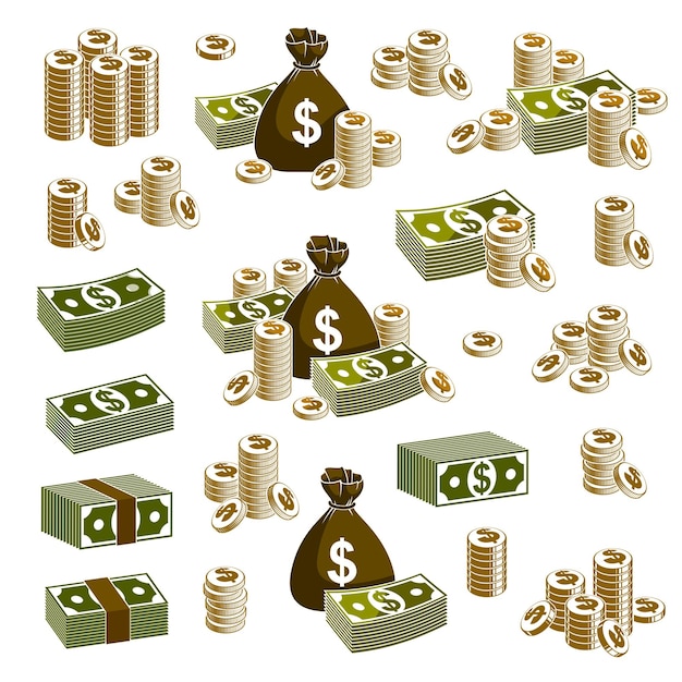 Vector cash money set still-life with moneybag bag coins and banknote dollar stack, classic style vector illustration collection.