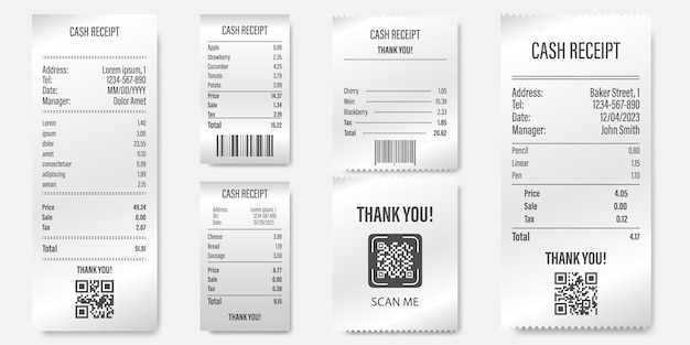 Cash receipt template collection Set of receipt mockup Realistic cash receipt