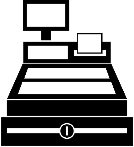 Cash register icon, black silhouette. Highlighted on a white background. Vector illustration. A series of business icons.