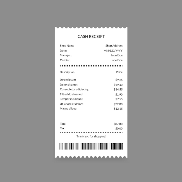 Cash Register Receipt on a Grey Background Payment Finance Document from Retail Store or Shop Vector illustration