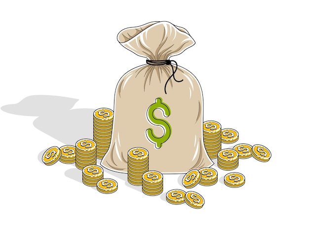 Cash riches and Savings, Money Bag with coin cent stacks isolated on white background. Isometric vector business and finance illustration, 3d thin line design.