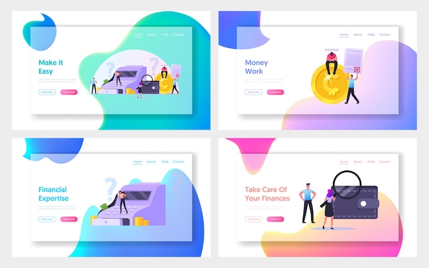 現金不足のランディングページテンプレートセット。キャラクターはキャッシャーでお金の不足を発見し、人々は破産しました。貧しい欲求不満のビジネスの男性と女性の金融危機、盗難。漫画のベクトル図