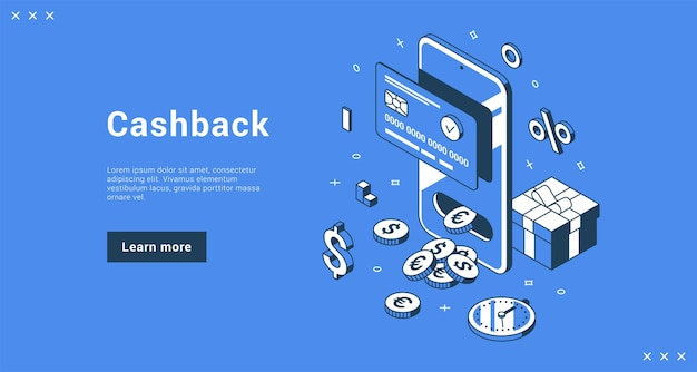 Cashback banking service with smartphone and cash coins landing page vector isometric illustration Money refund application for buying goods use credit card with income profit financial guarantee