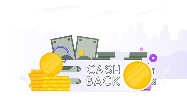 Cashback banner. Golden coins. Composition on the theme of money back and cashback. Vector.