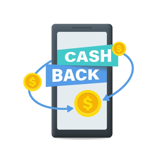 Cashback-concept met mobiele telefoon, munten en pijl. Vector illustratie