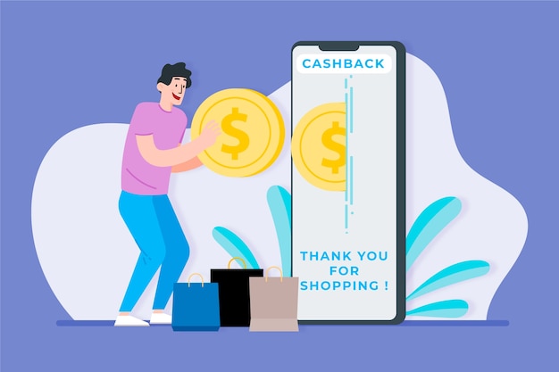 男とスマートフォンでキャッシュバックのコンセプト