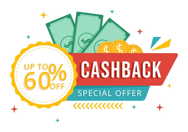 Vector cashback illustration with financial payment to money cash back service for a buyer