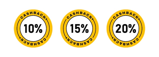 Cashback logo set Verschillende cashback 10 15 en 20 procent Financiële diensten cashback concept geldteruggave investering valutawissel Vector illustratie