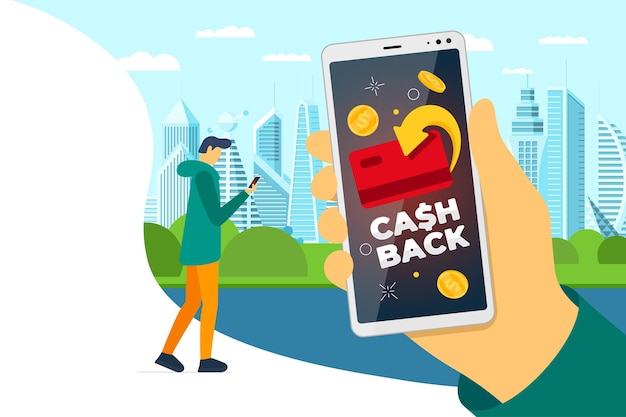 Cashback loyaliteitsprogramma concept. creditcard of debetkaart met geretourneerde munten op het smartphonescherm in de hand van de man op straat in de stad. terugbetaling geld service ontwerp. bonus geld terug symbool vectorillustratie